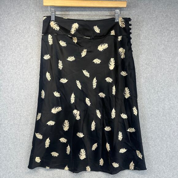 ECI New York Skirt Womens Small Black Feather Print Silk Blend Midi Side Buttons - Picture 1 of 15